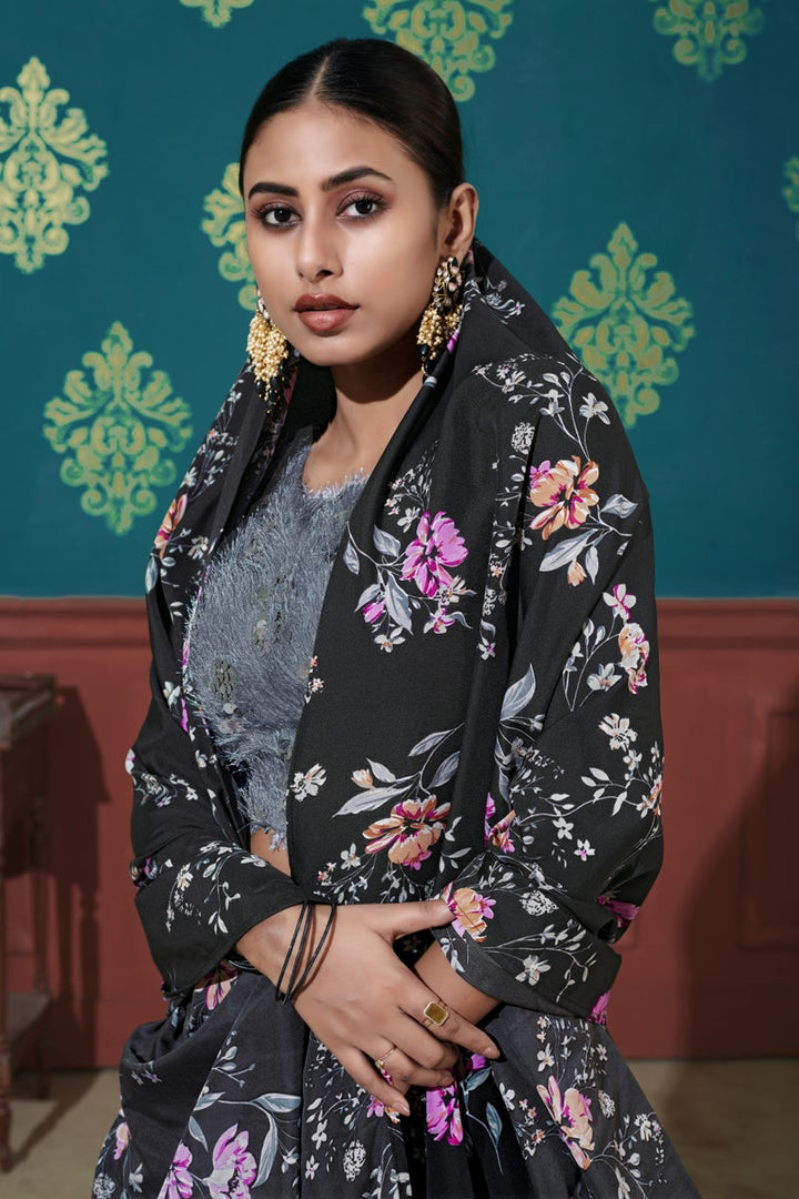 Art Silk Fabric Printed Sangeet Wear Lehenga Choli In Black Color
