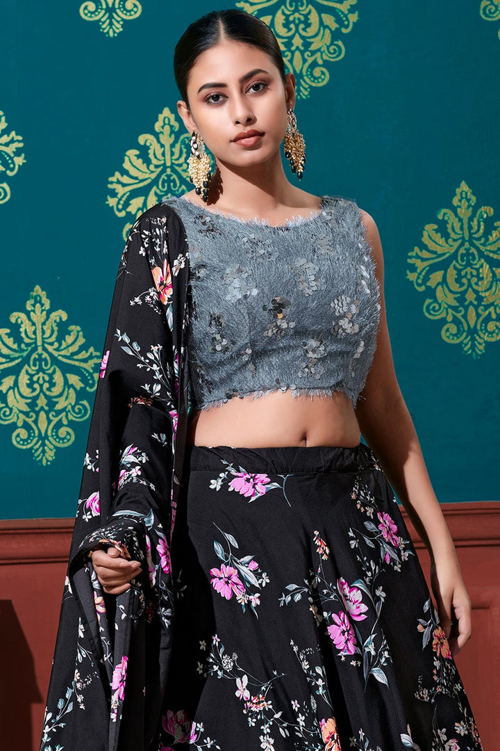 Art Silk Fabric Printed Sangeet Wear Lehenga Choli In Black Color