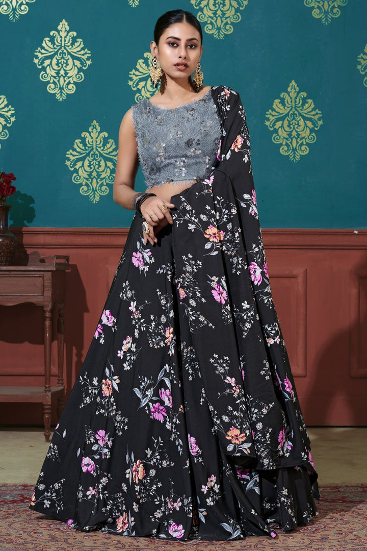 Art Silk Fabric Printed Sangeet Wear Lehenga Choli In Black Color
