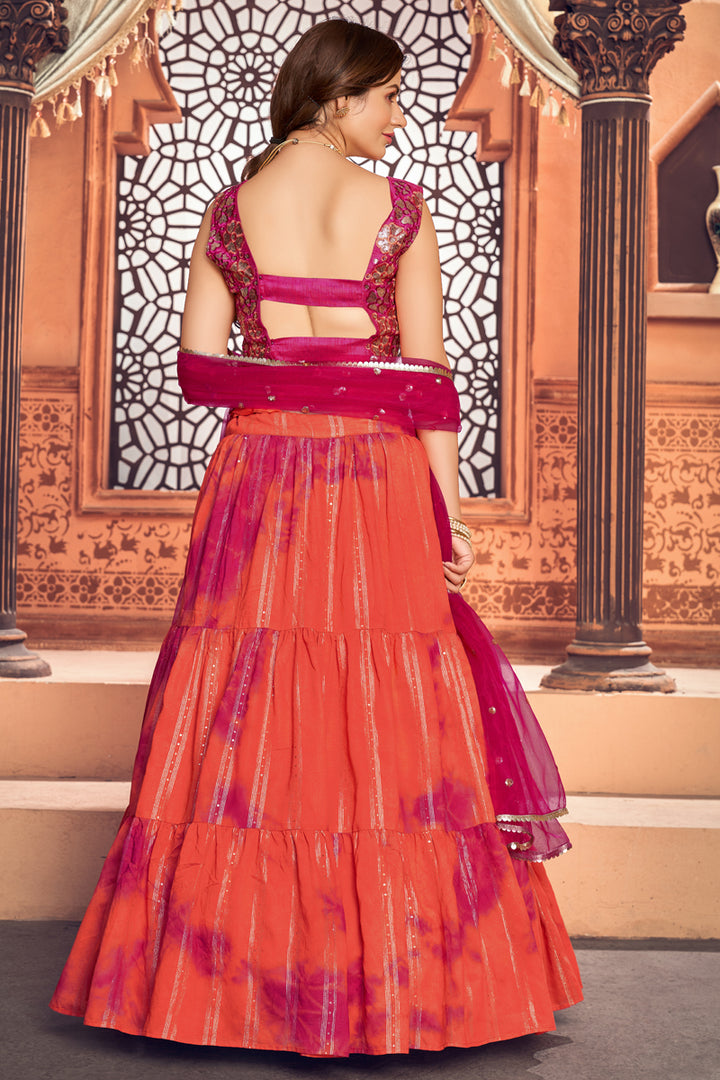 Cotton Fabric Printed Sangeet Wear Designer Lehenga Choli In Orange Color