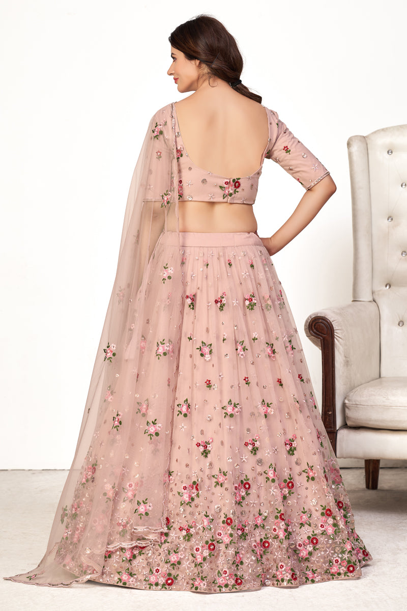Pink Color Embroidered Wedding Wear Lehenga Choli In Net Fabric