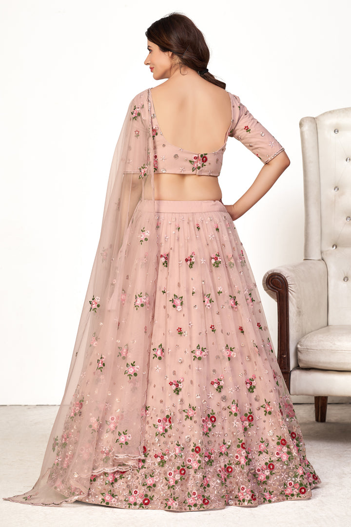 Pink Color Embroidered Wedding Wear Lehenga Choli In Net Fabric