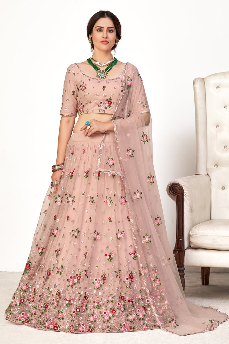 Pink Color Embroidered Wedding Wear Lehenga Choli In Net Fabric