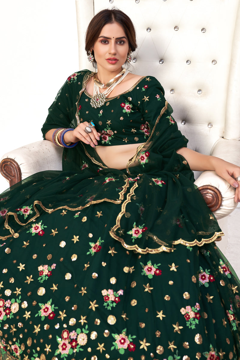 Wedding Wear Dark Green Color Net Fabric Embroidered Lehenga Choli
