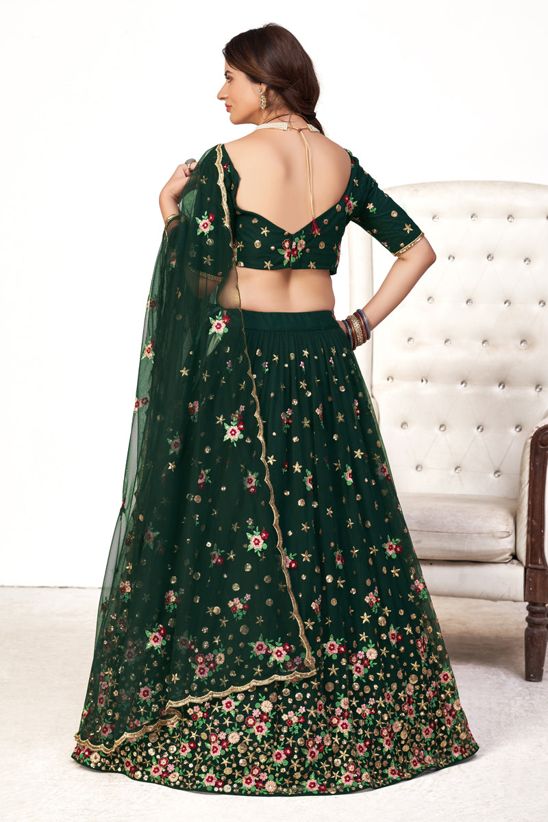 Wedding Wear Dark Green Color Net Fabric Embroidered Lehenga Choli