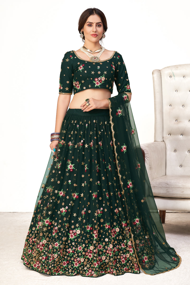 Wedding Wear Dark Green Color Net Fabric Embroidered Lehenga Choli