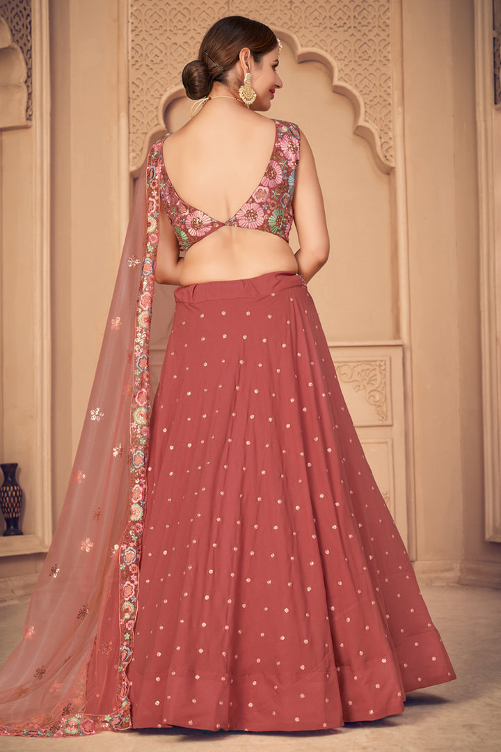 Wedding Wear Peach Color EmbroidePeach Lehenga Choli In Georgette Fabric