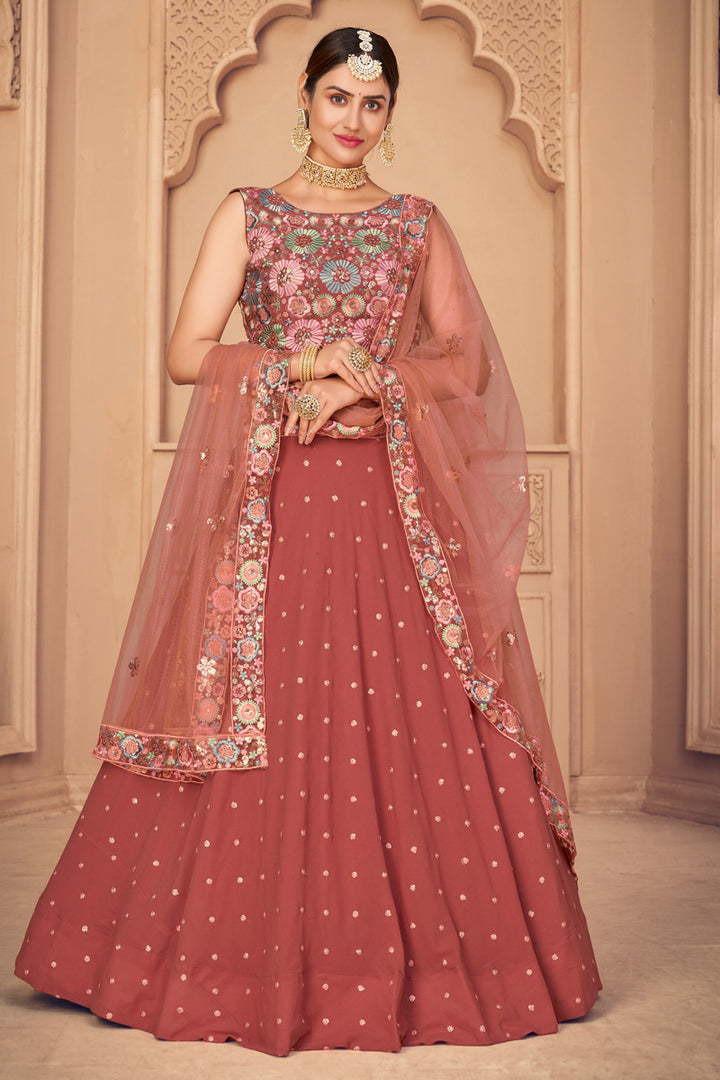 Wedding Wear Peach Color EmbroidePeach Lehenga Choli In Georgette Fabric