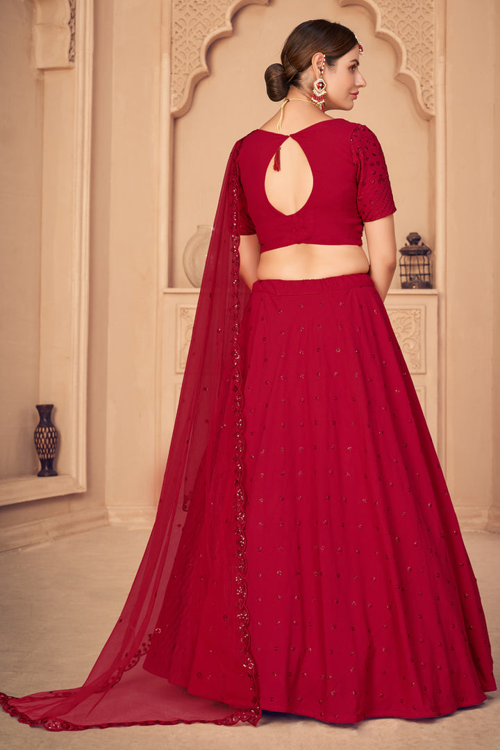 Wedding Wear Georgette Fabric Embroidered Lehenga Choli In Red Color