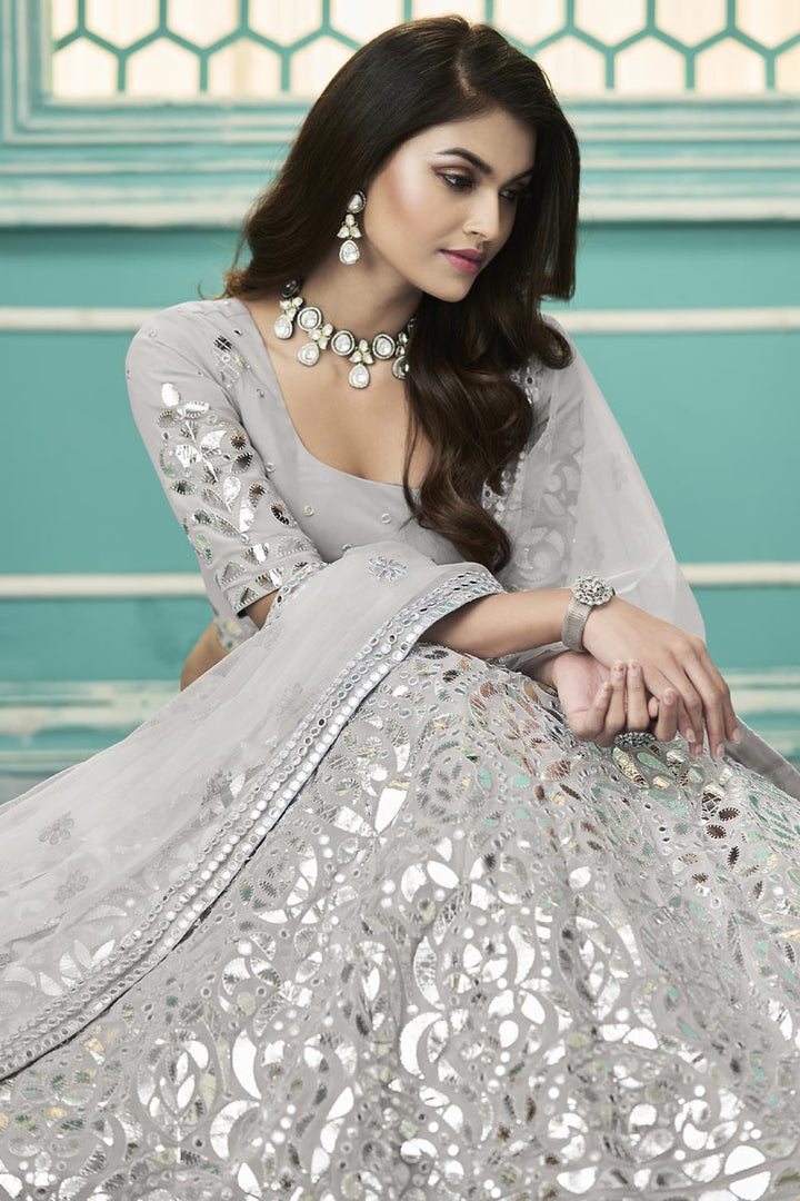Georgette Fabric Grey Color Glamorous Embroidered Wedding Wear Lehenga Choli