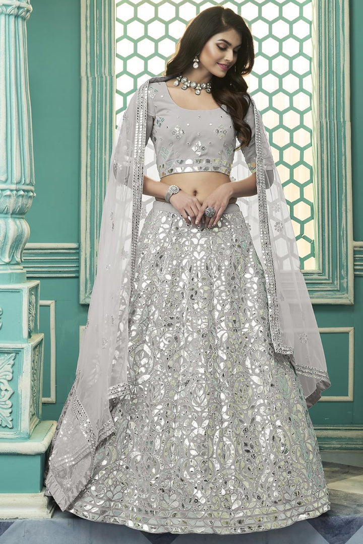 Georgette Fabric Grey Color Glamorous Embroidered Wedding Wear Lehenga Choli