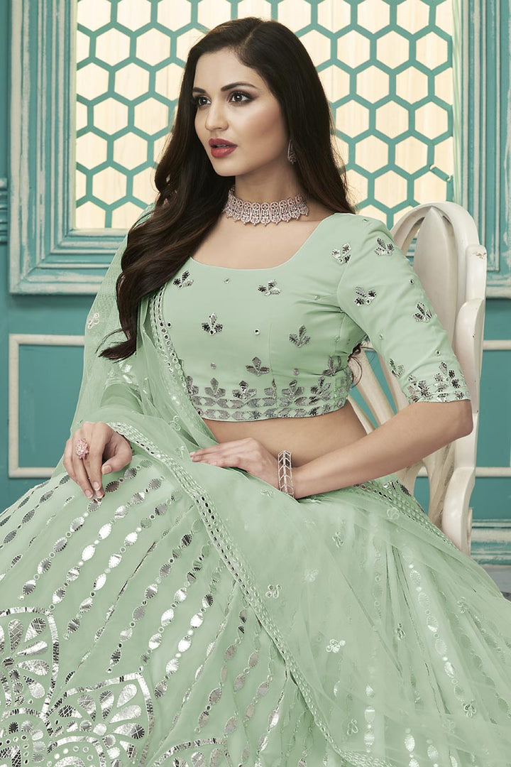Graceful Georgette Embroidered Lehenga Choli In Sea Green Color