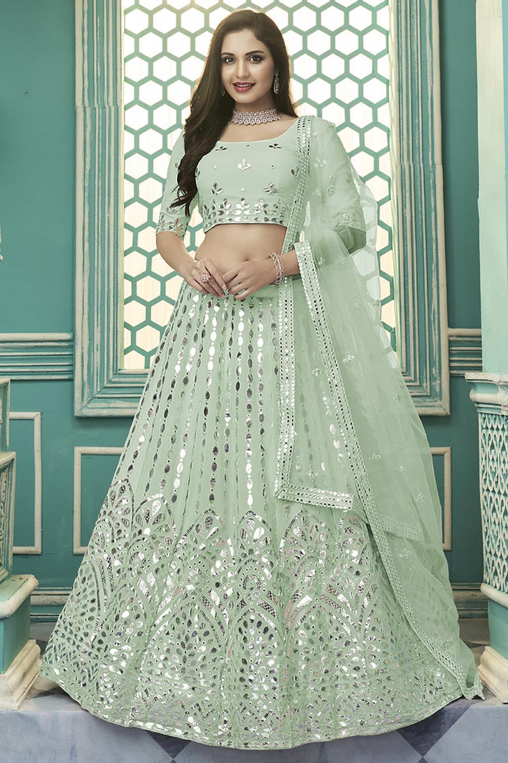 Graceful Georgette Embroidered Lehenga Choli In Sea Green Color