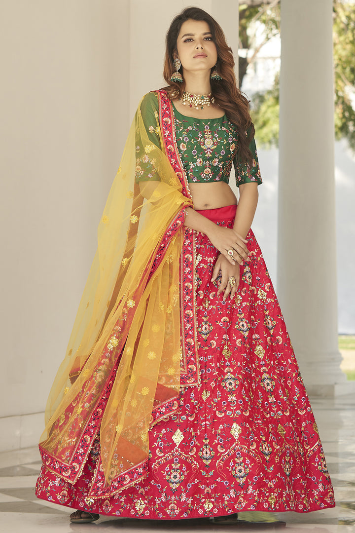 Function Wear Thread Embroidered Work Red Color Lehenga In Art Silk Fabric