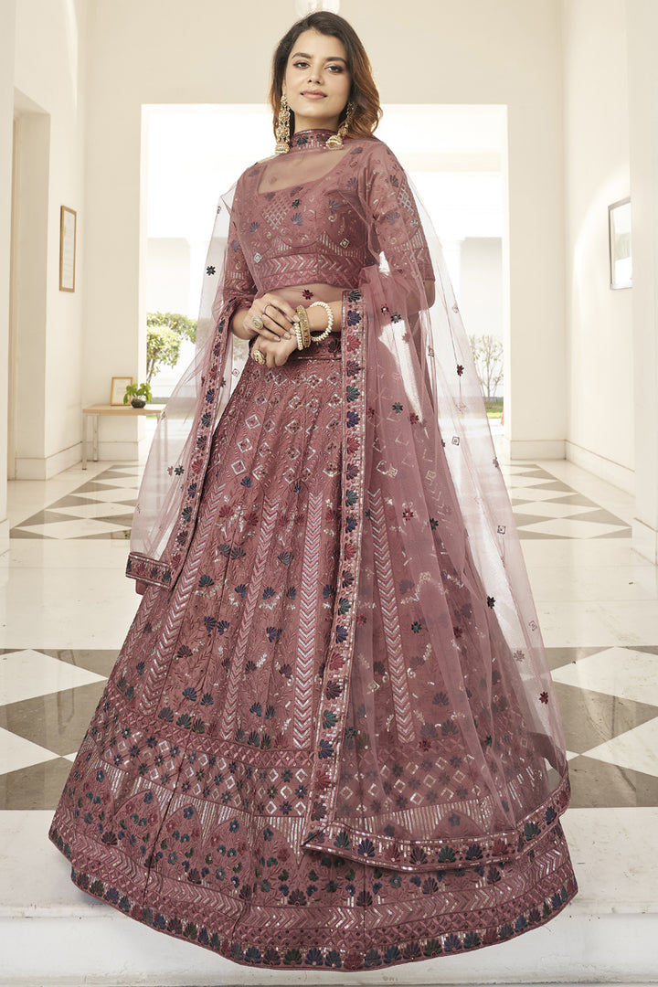 Attrective Art Silk Fabric Wine Color Function Wear Lehenga With Thread Embroidered Work
