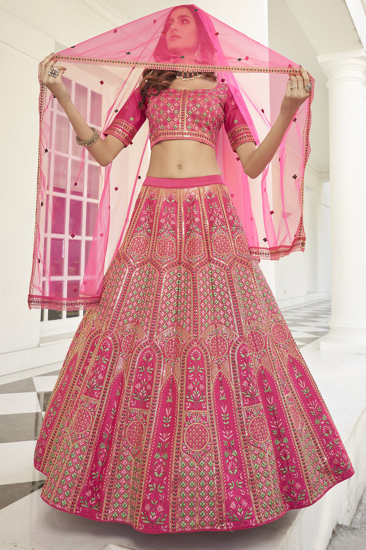 Art Silk Fabric With Thread Embroidered Work Function Wear Pink Color Lehenga