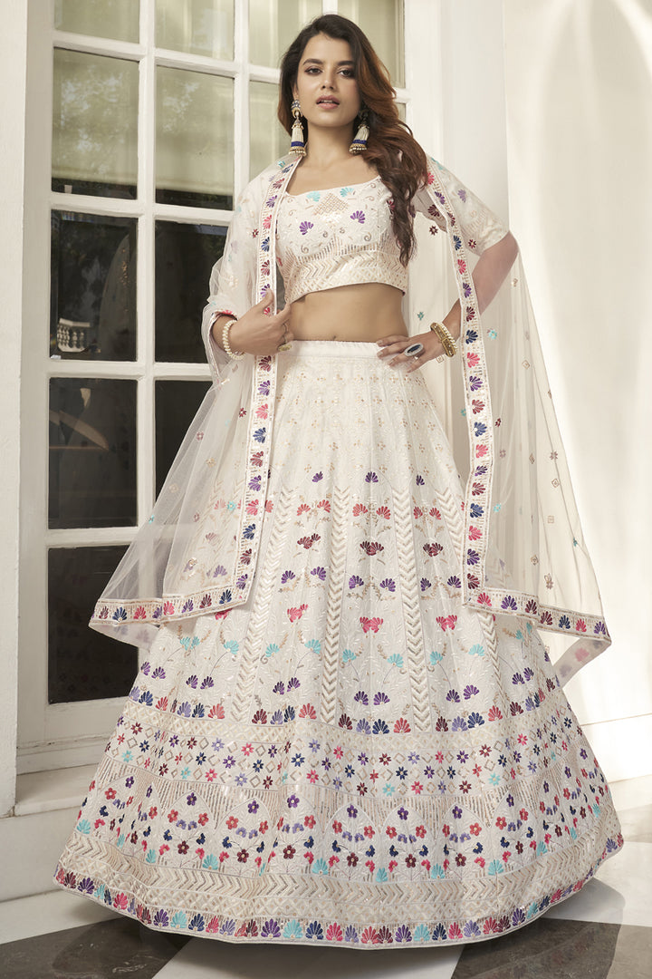 Off White Color Art Silk Fabric Function Wear Thread Embroidered Work Lehenga