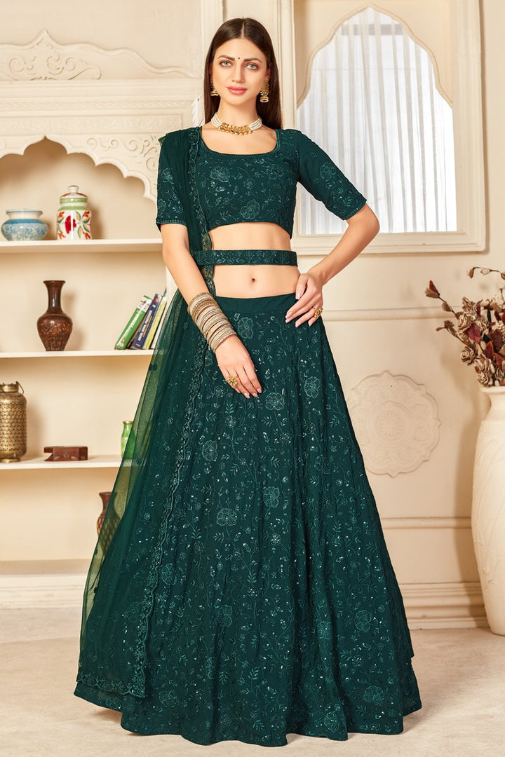 Dark Green Color Wedding Wear Georgette Fabric Embroidered Lehenga Choli