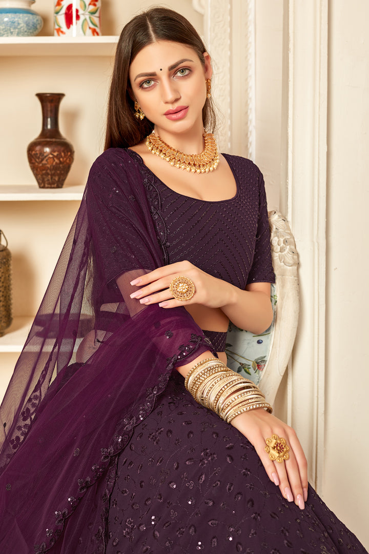 Wedding Wear Purple Color Embroidered Lehenga Choli In Georgette Fabric