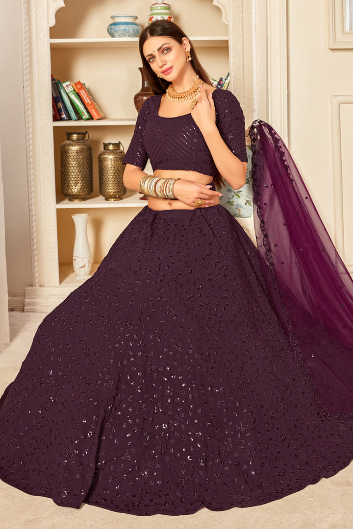 Wedding Wear Purple Color Embroidered Lehenga Choli In Georgette Fabric