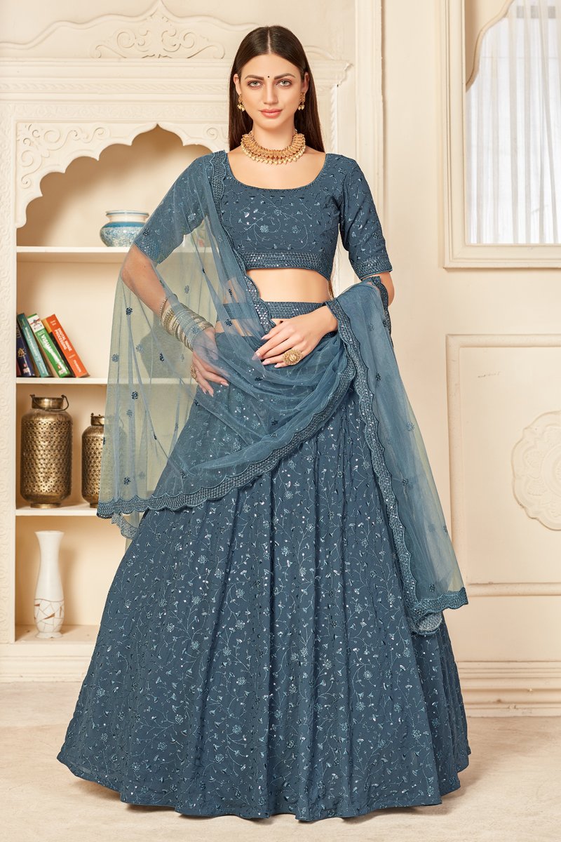 Georgette Fabric Wedding Wear Grey Color Embroidered Lehenga Choli