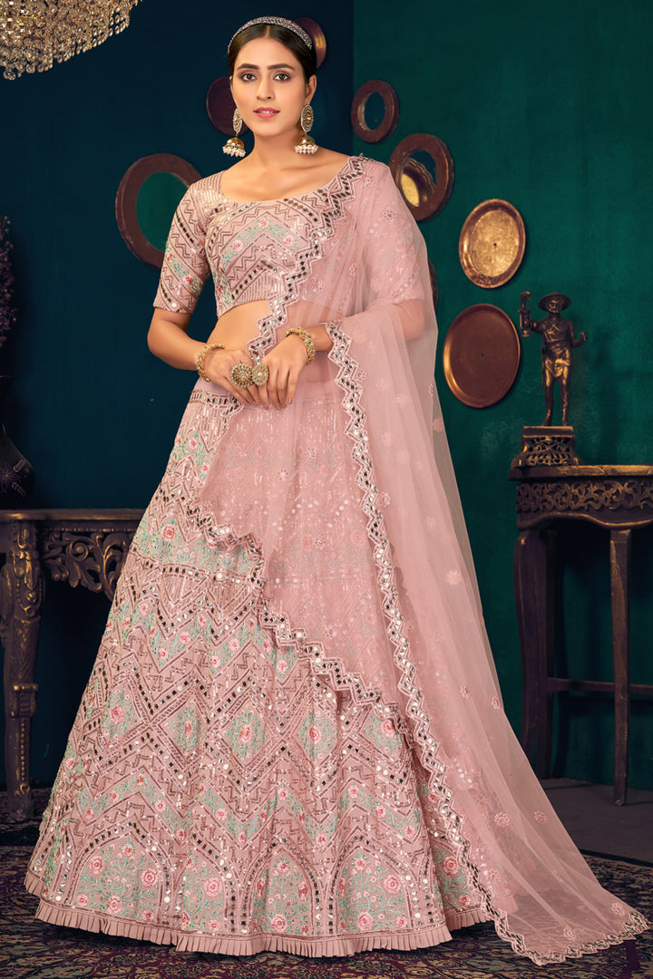 Beautiful Pink Color Georgette Fabric Embroidered Sangeet Wear Lehenga Choli