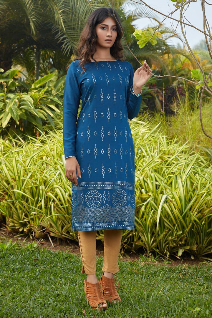 Casual Wear Blue Color Cotton Fabric Kurti