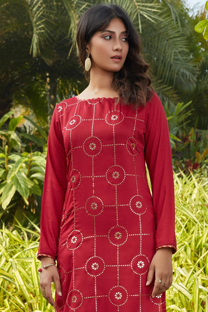 Red Color Daily Wear Kurti In Cotton Fabric
