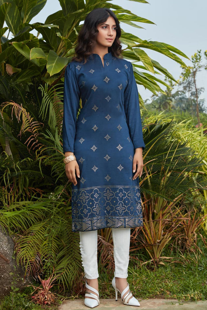 Cotton Fabric Office Wear Kurti In Navy Blue Color
