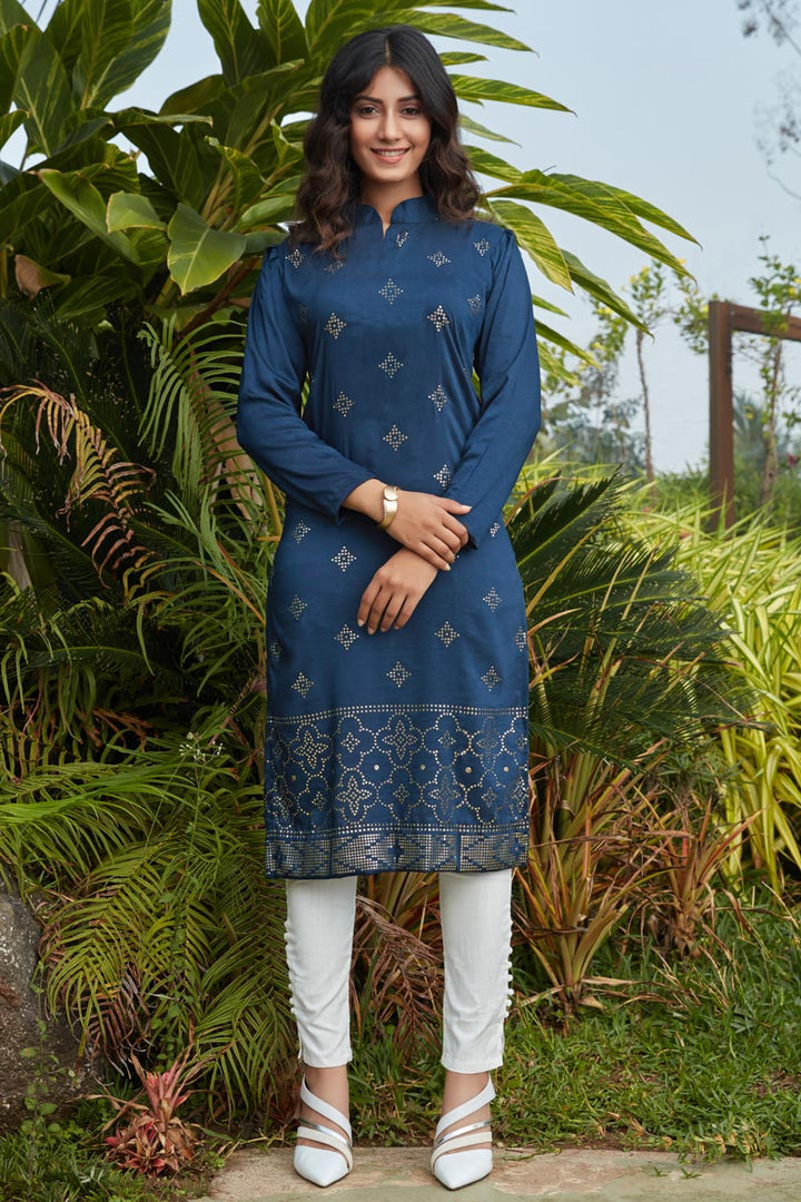 Cotton Fabric Office Wear Kurti In Navy Blue Color