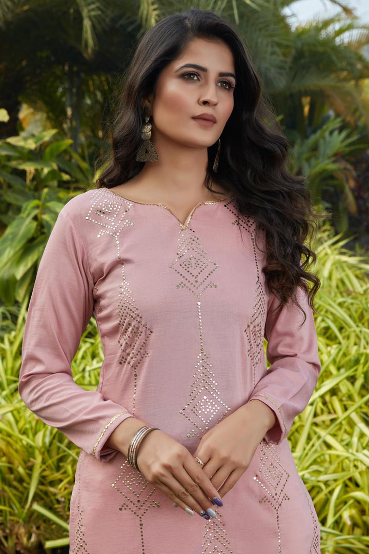 Pink Color Cotton Fabric Fancy Work Daily Wear Kurti