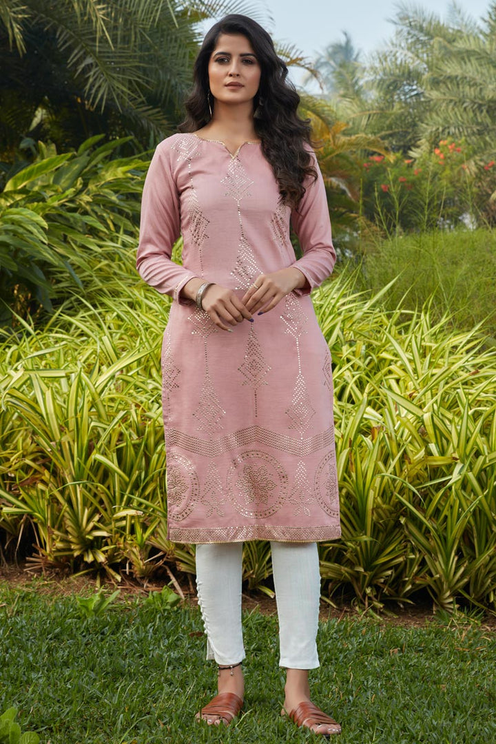Pink Color Cotton Fabric Fancy Work Daily Wear Kurti