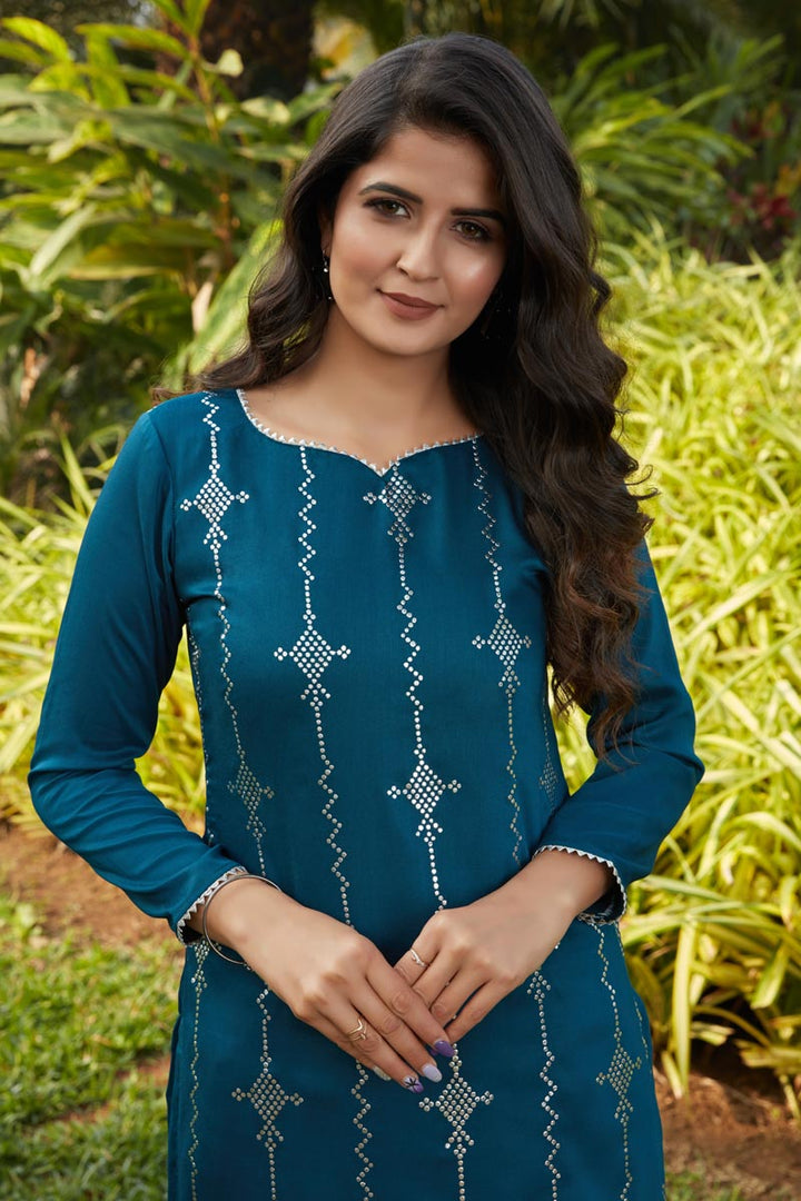 Cotton Fabric Teal Color Simple Fancy Work Casual Wear Kurti
