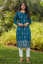 Load image into Gallery viewer, Cotton Fabric Teal Color Simple Fancy Work Casual Wear Kurti
