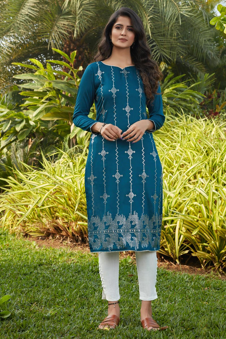 Cotton Fabric Teal Color Simple Fancy Work Casual Wear Kurti
