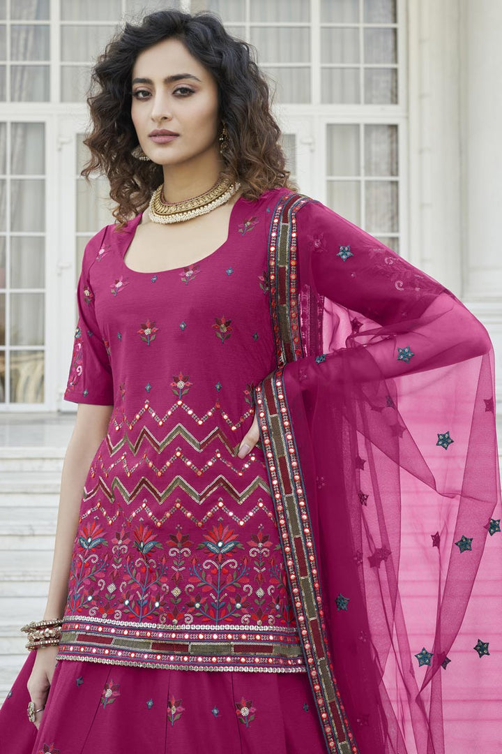 Rani Color Chinon Fabric Function Wear Stylist Lehenga Choli With Embroidered Work