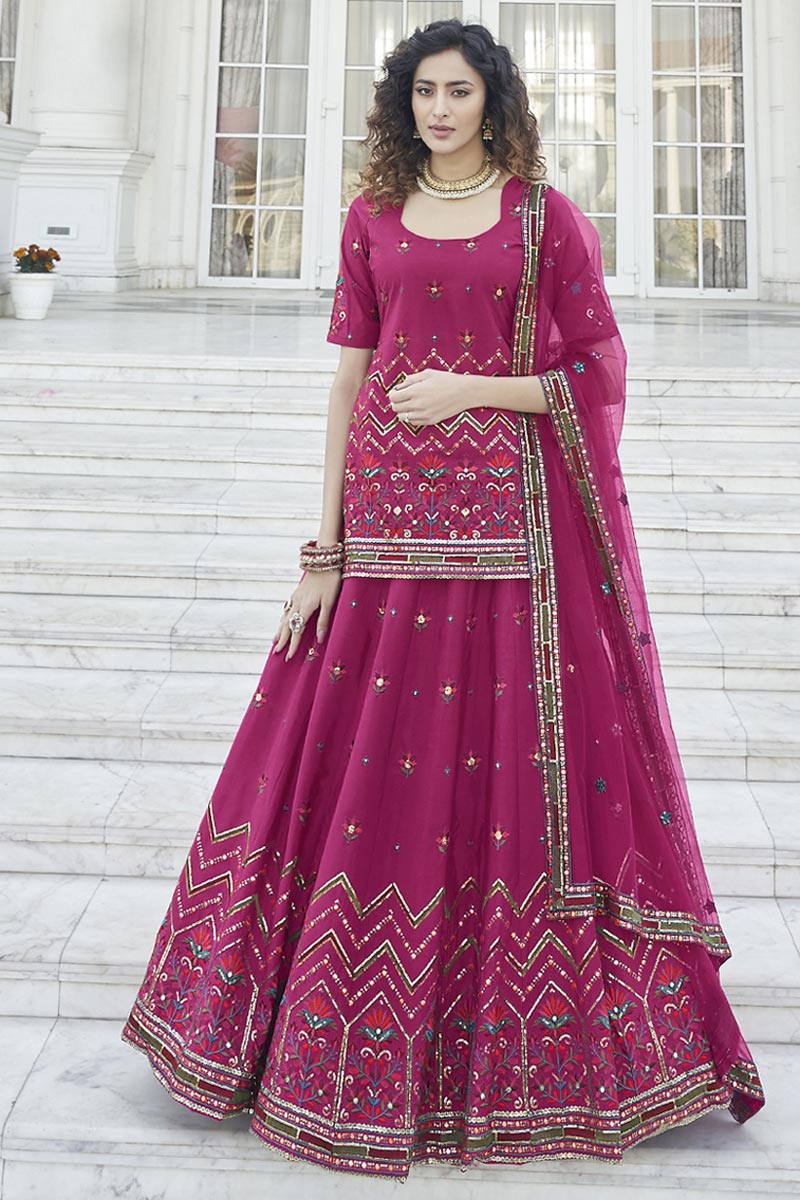 Rani Color Chinon Fabric Function Wear Stylist Lehenga Choli With Embroidered Work