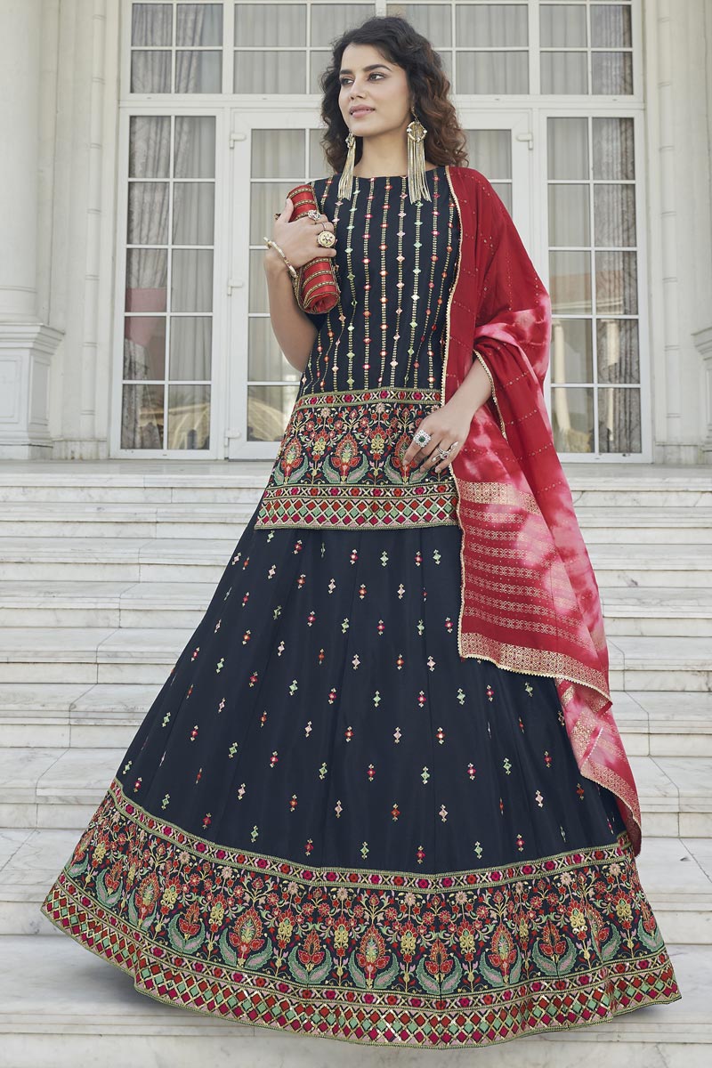 Navy Blue Color Embroidered Designs On Chinon Fabric Function Wear Beatific Lehenga