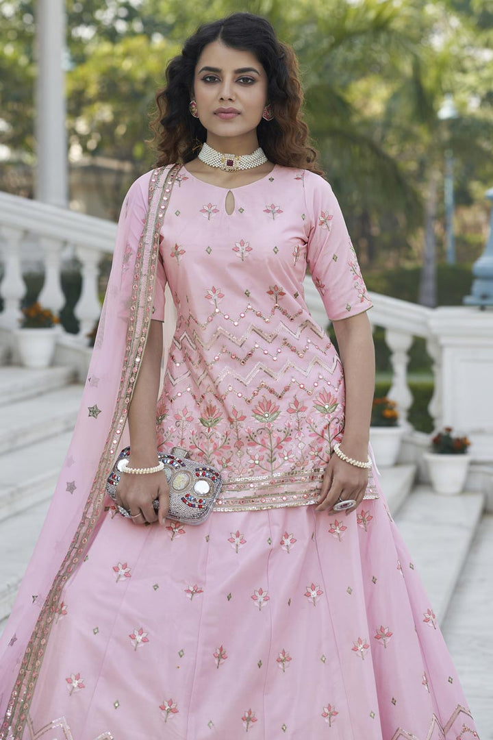 Beguiling Embroidered Work On Pink Color Chinon Fabric Function Wear Lehenga Choli