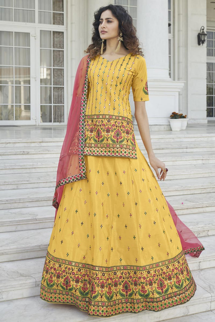 Incredible Embroidered Work On Chinon Fabric Yellow Color Function Wear Lehenga
