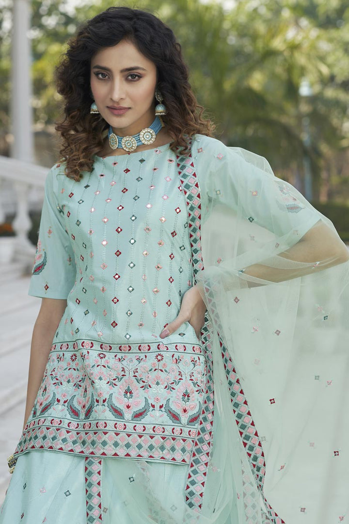 Tempting Chinon Fabric Light Cyan Color Function Wear Lehenga With Embroidered Work
