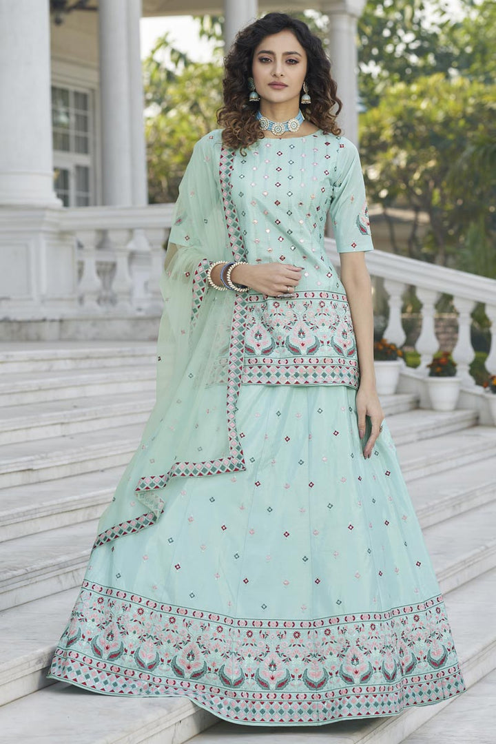Tempting Chinon Fabric Light Cyan Color Function Wear Lehenga With Embroidered Work
