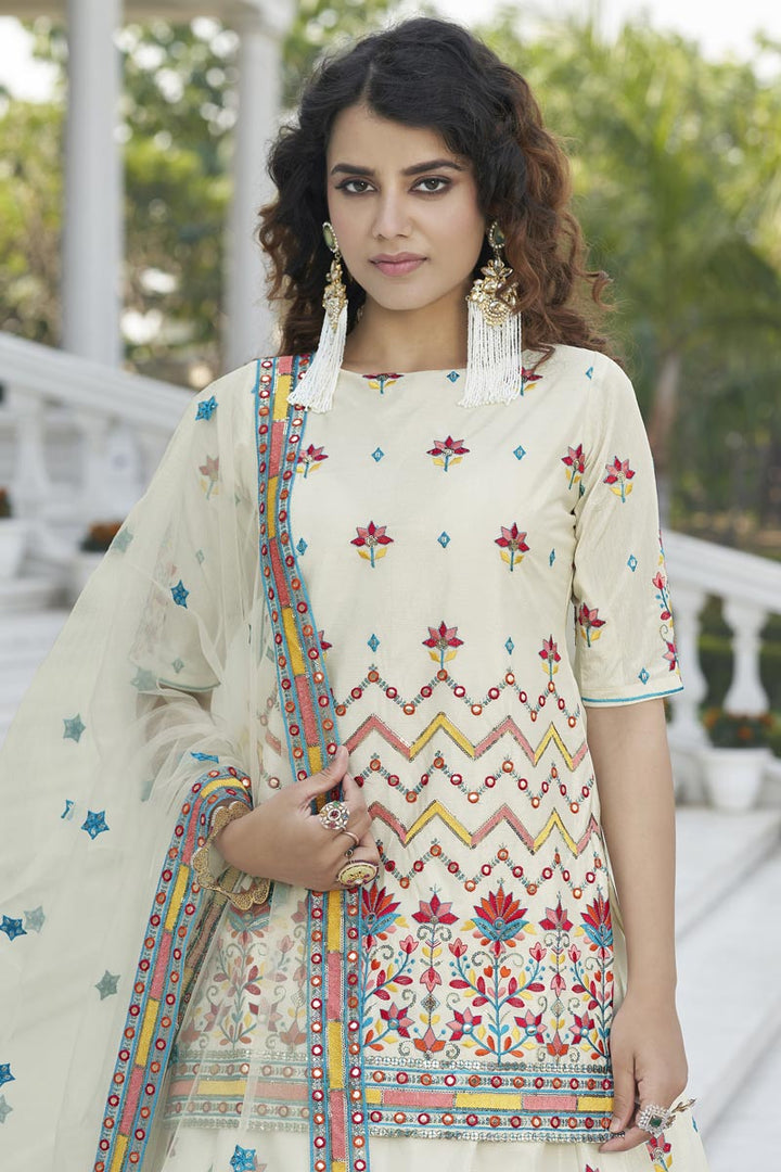 Excellent Function Wear Chinon Fabric Beige Color Lehenga With Embroidered Designs