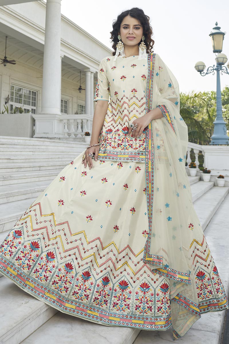 Excellent Function Wear Chinon Fabric Beige Color Lehenga With Embroidered Designs