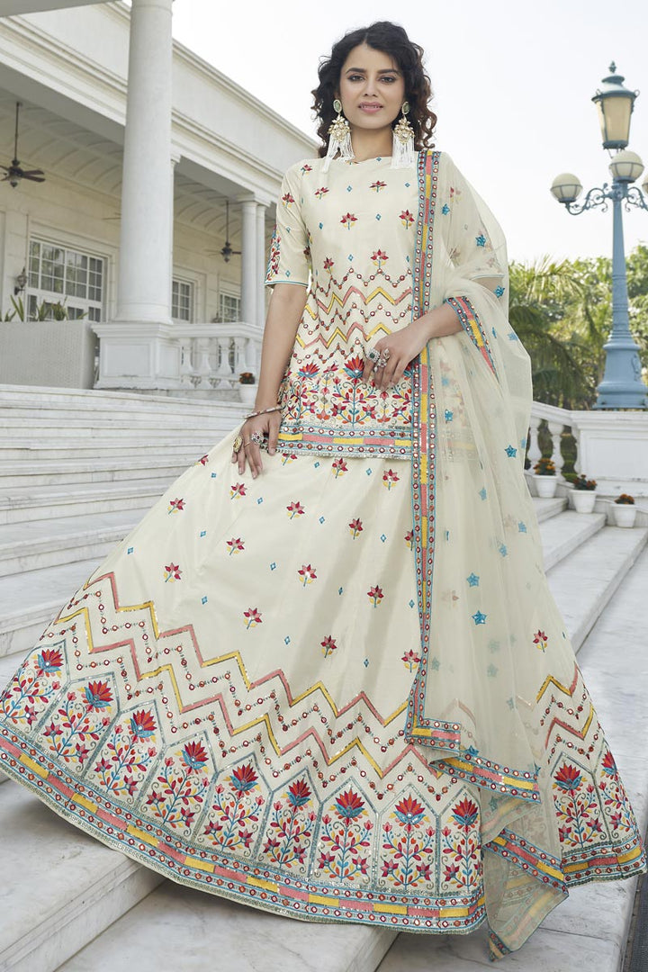 Excellent Function Wear Chinon Fabric Beige Color Lehenga With Embroidered Designs