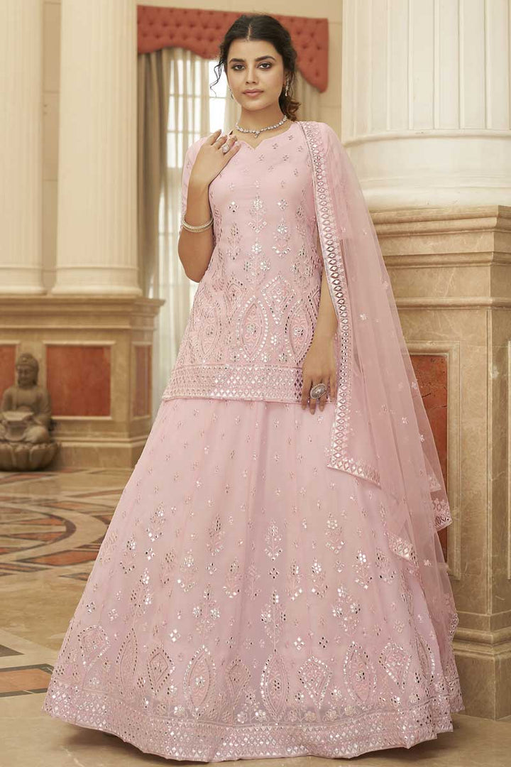 Pink Color Georgette Fabric Sangeet Wear Remarkable Embroidered Work Lehenga