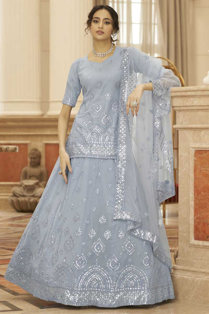 Light Cyan Color Sangeet Wear Embroidered Work Charismatic Lehenga In Georgette Fabric