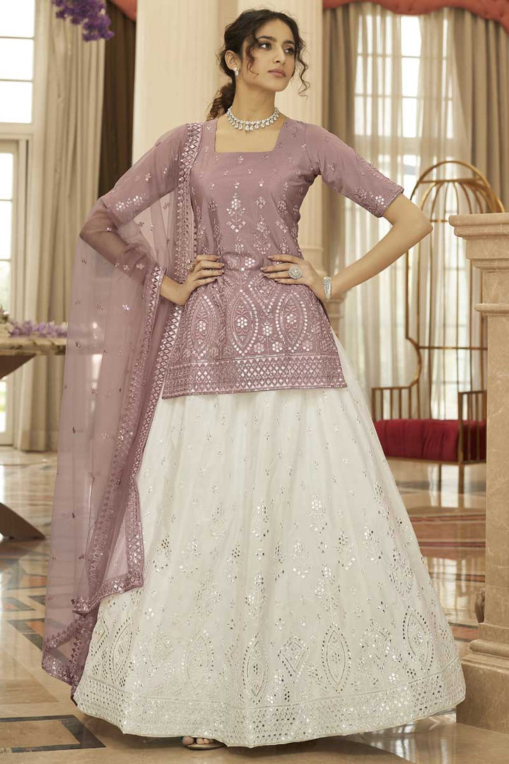 Sangeet Wear Chiffon Fabric Designer Off White Color Embroidered Work Ravishing Lehenga