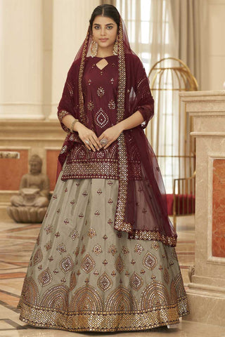 Sangeet Wear Chiffon Fabric Dark Beige Color Spectacular Embroidered Work Lehenga