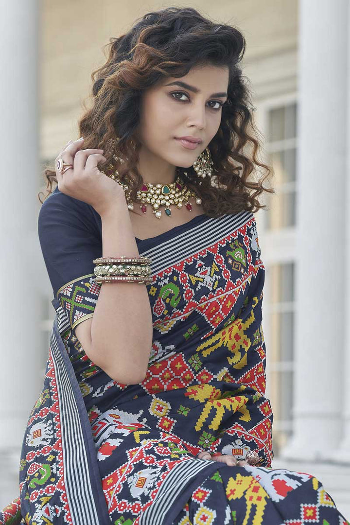 Beautiful Weaving Work Sangeet Wear Navy Blue Color Patola Style Saree In Art Silk Fabric